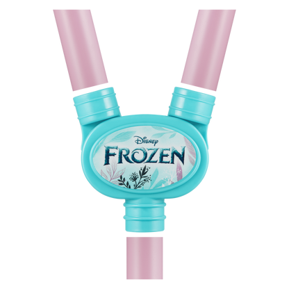 Teal center clip with Frozen logo connecting two pink Bluetooth karaoke microphone poles