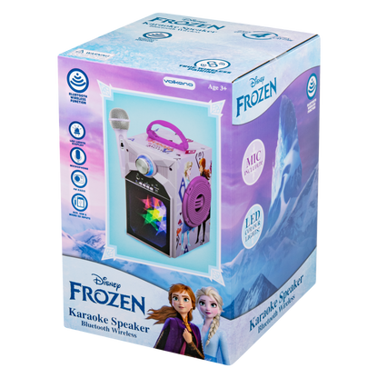 Frozen karaoke speaker Bluetooth wireless retail box with LED mic graphic