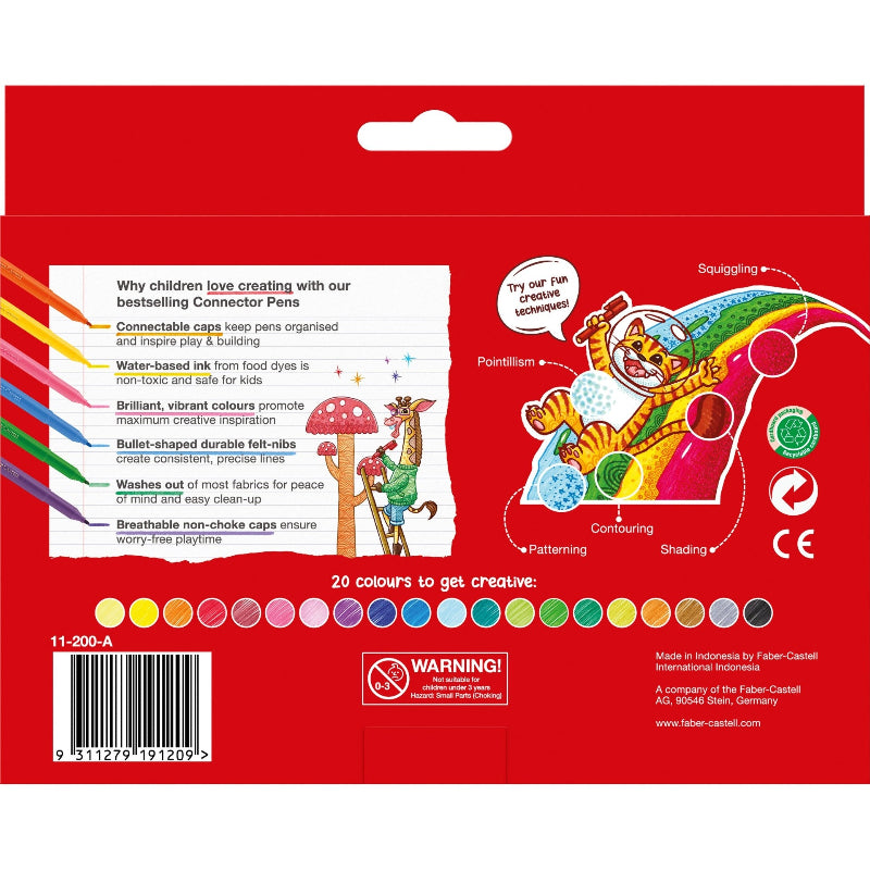 Red Faber Castell Connector Pens, Assorted Colours - 20 Pack Kids Drawing Supplies