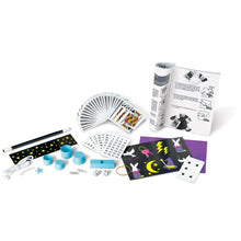 KidzLabs Magic Kit contents with wand tube, dice, cards, and instruction booklet