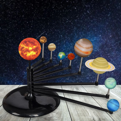 Solar system model stand with glowing orange sun and colorful planet spheres