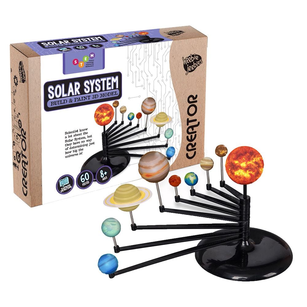 Solar system model kit with black base and colorful planet spheres on rods