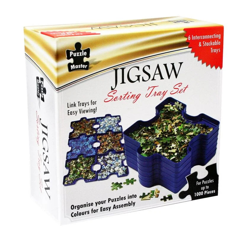 Jigsaw puzzle sorting tray set retail box with tray and puzzle-piece graphics