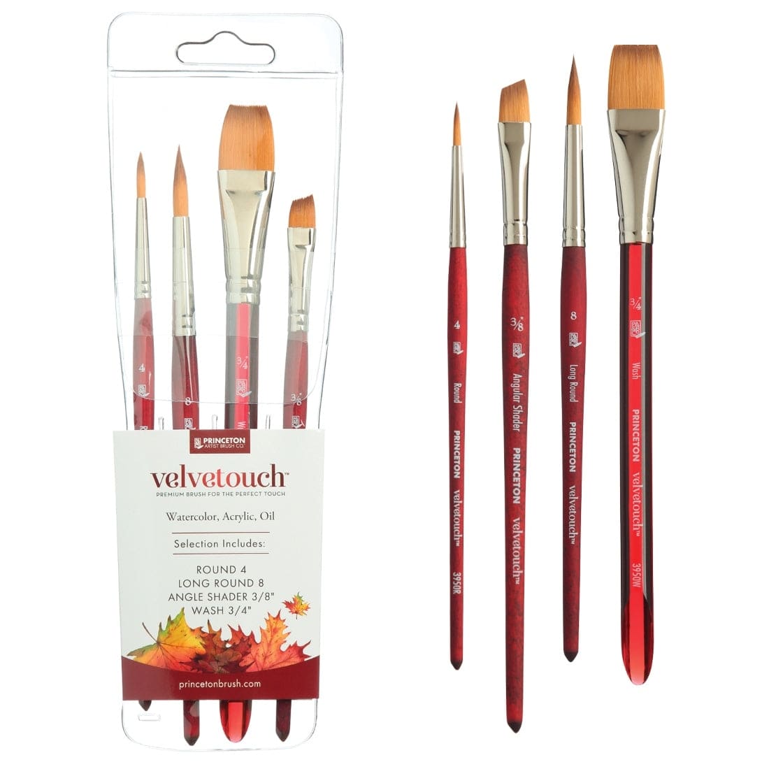 White Smoke Princeton Velvetouch 3900 Synthetic Long Handle Brush, Professional 4PC Set Paint Brushes