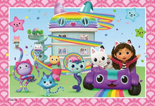 Kids jigsaw puzzle artwork with cat characters riding a rainbow vehicle