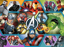 Avengers puzzle artwork with Iron Man, Hulk, Captain America and other heroes in panels