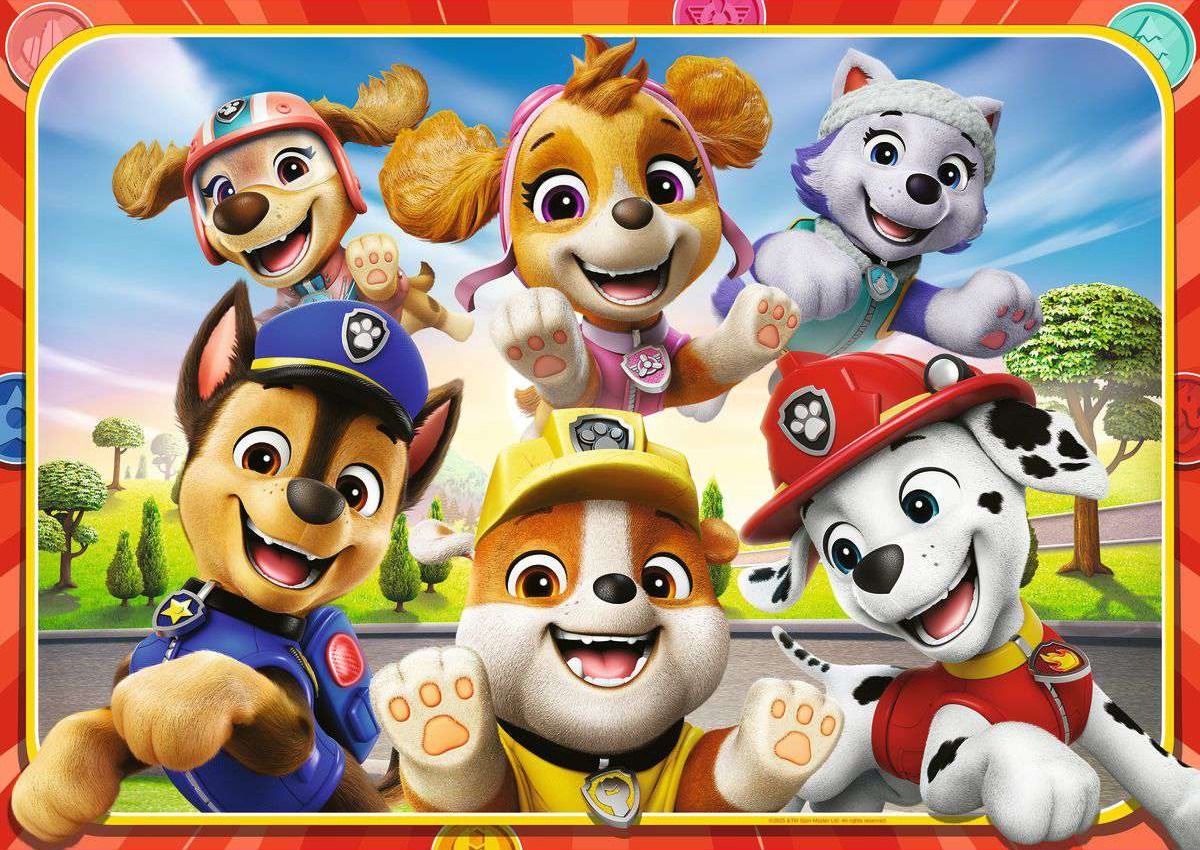 Paw Patrol jigsaw puzzle artwork featuring six smiling puppy characters