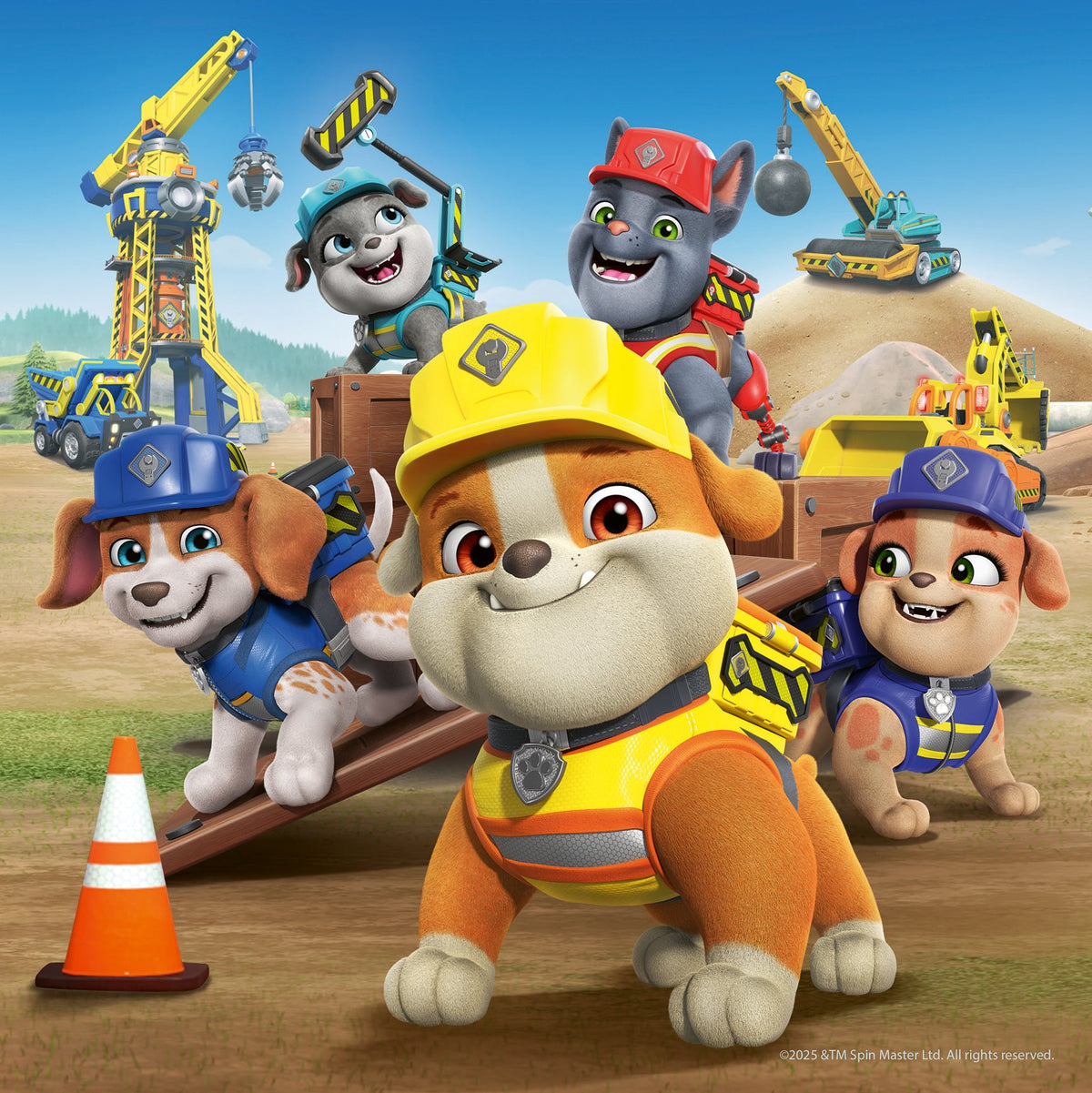 Rubble & Crew characters in construction setting with yellow loader and tools