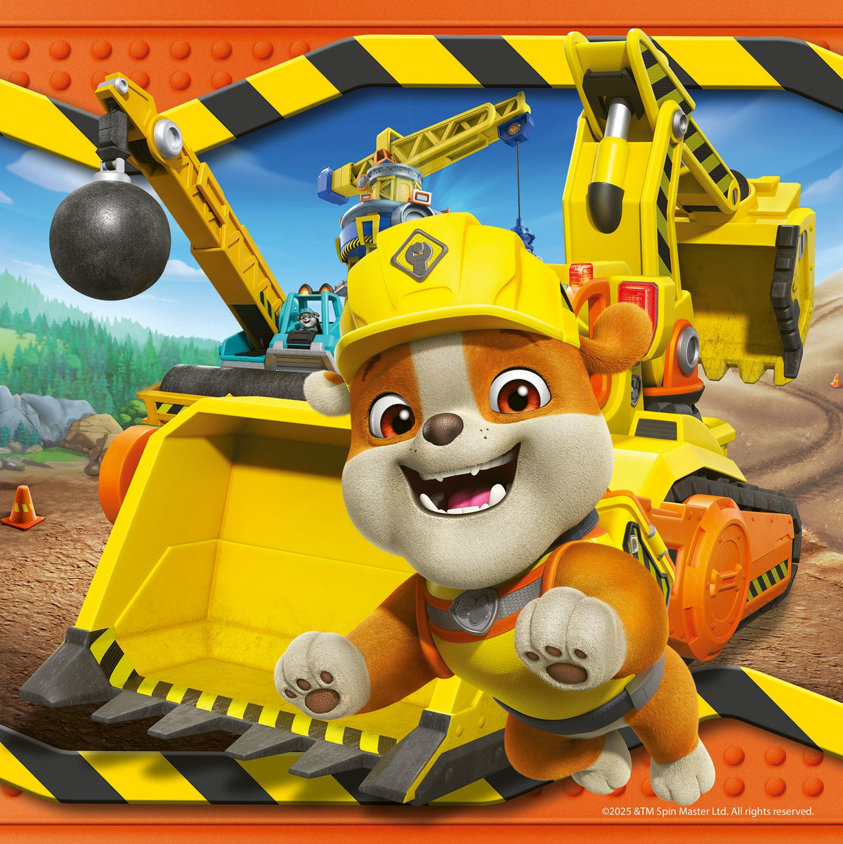 Rubble character driving large yellow construction vehicle with caution stripes