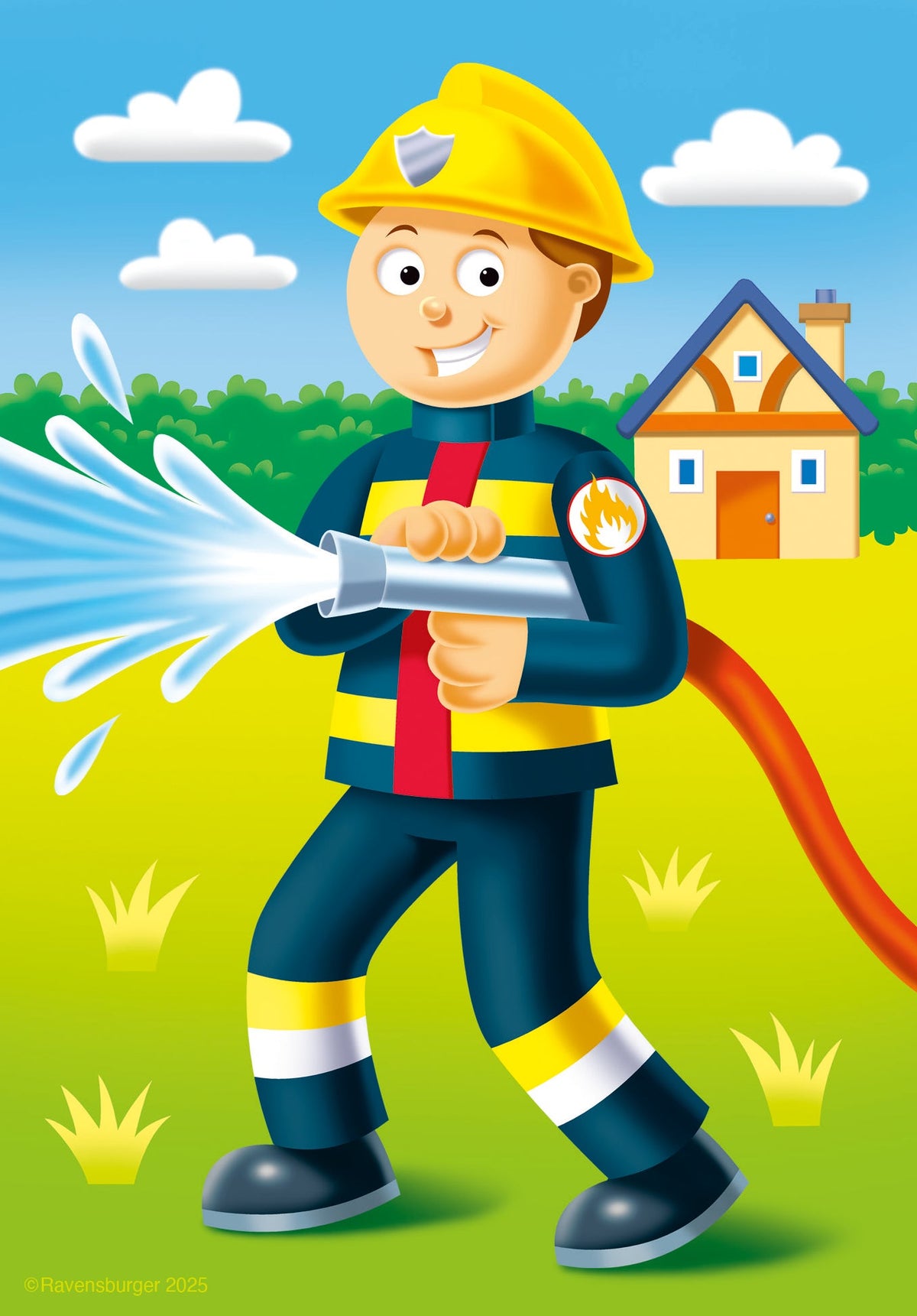 Firefighter cartoon character holding extinguisher on children’s puzzle artwork