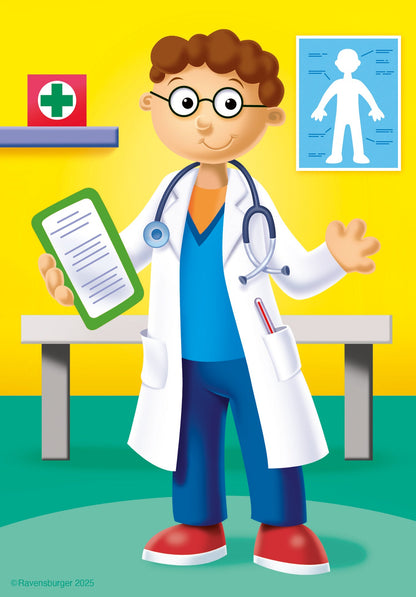 Cartoon doctor in lab coat holding clipboard on children’s puzzle artwork