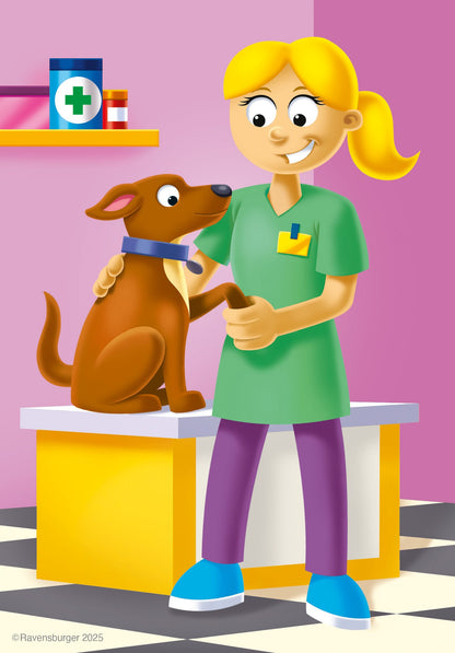 Cartoon veterinarian holding dog while smiling on children’s puzzle artwork