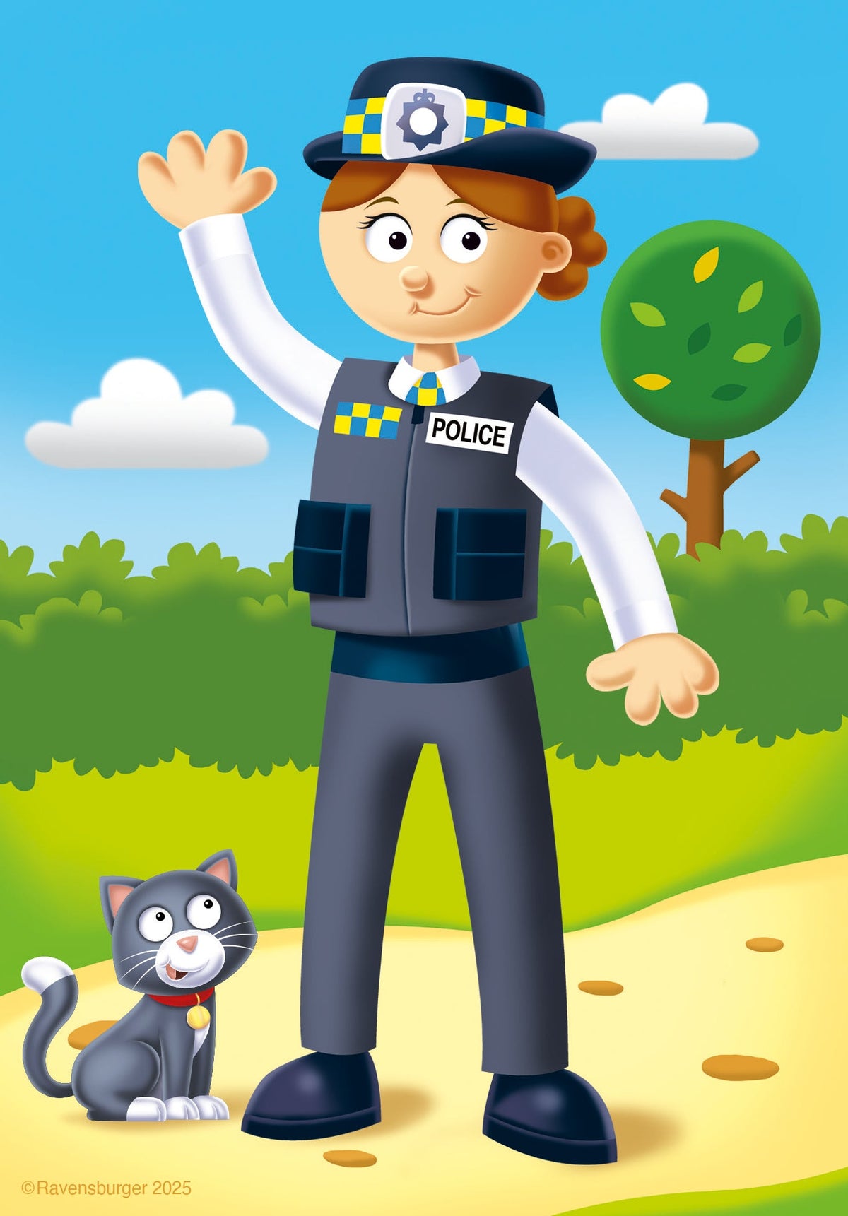 Police officer character illustration with cat companion on children’s puzzle artwork