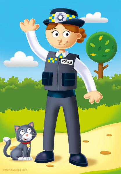 Police officer character illustration with cat companion on children’s puzzle artwork