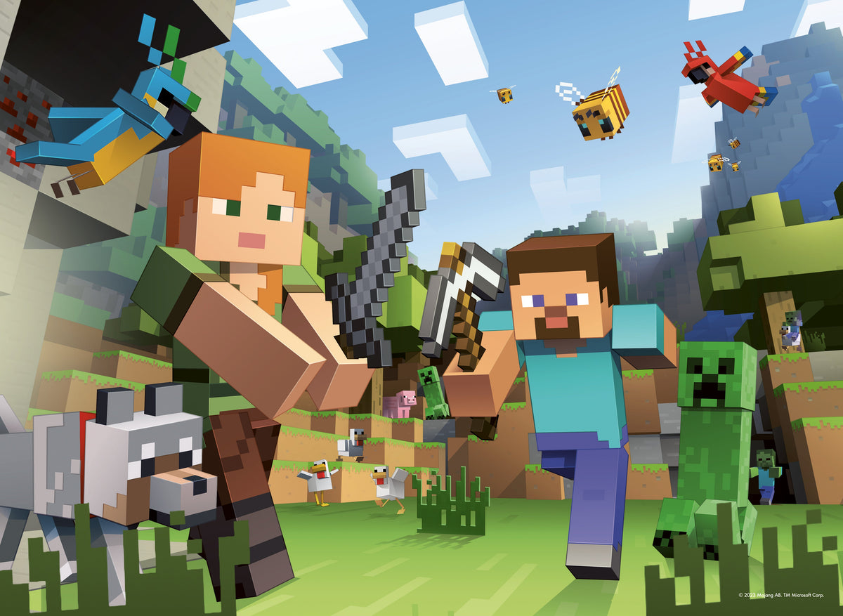 Minecraft bumper puzzle scene with sword-wielding player and villagers outside