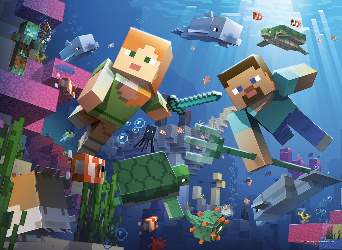 Minecraft bumper puzzle scene with pixel characters in an action collage