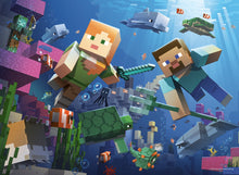 Minecraft bumper puzzle scene with pixel characters in an action collage