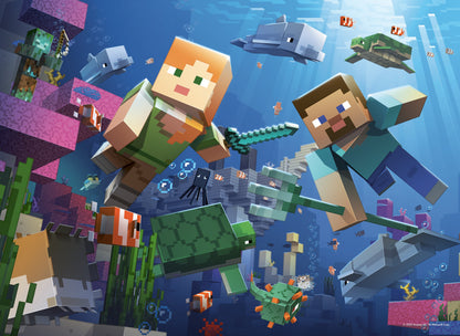 Minecraft bumper puzzle scene with pixel characters in an action collage