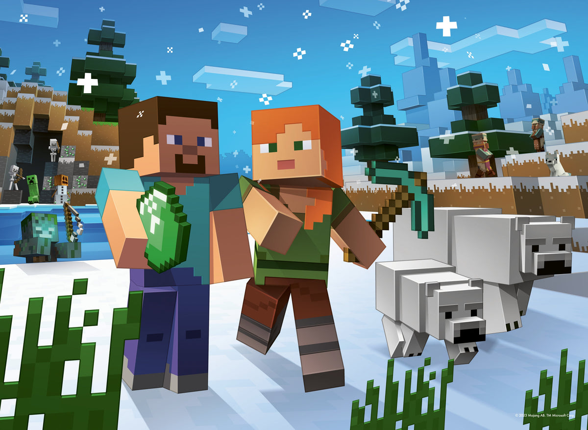 Minecraft bumper puzzle scene with two players and white dogs in snowy field