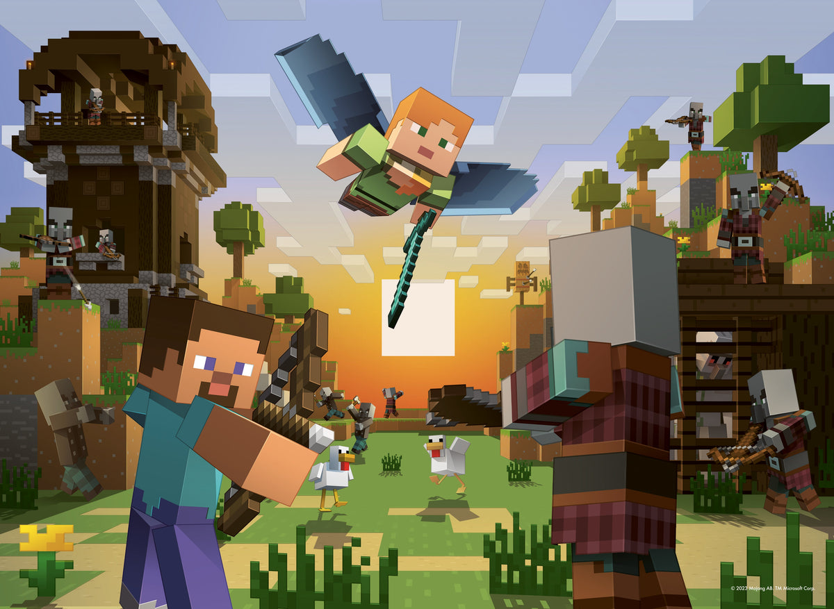 Minecraft bumper puzzle scene with players and villagers in a sunny village