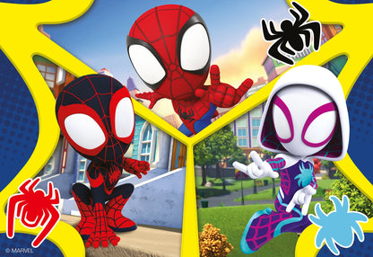 Spidey jigsaw puzzle box art with Spider-Man and a purple-hooded character