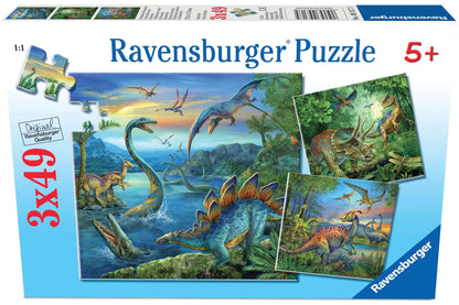 Dinosaur jigsaw puzzle box with colorful prehistoric scenes and 5+ age label