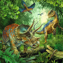 Dinosaur jigsaw puzzle artwork with Triceratops and raptors in a green jungle