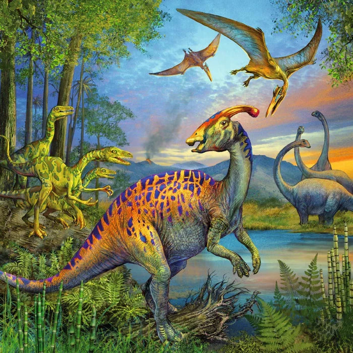 Dinosaur jigsaw puzzle artwork with stegosaurus, long-necked dinosaurs, and flying pterosaurs