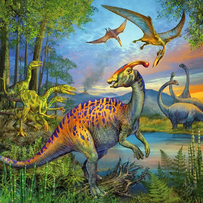 Dinosaur jigsaw puzzle artwork with stegosaurus, long-necked dinosaurs, and flying pterosaurs