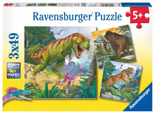 Jigsaw puzzle box featuring prehistoric dinosaurs, age 5+.
