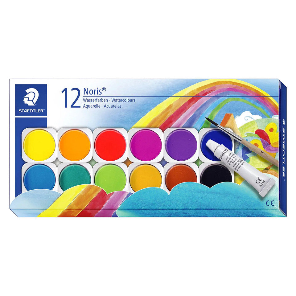 White Smoke Staedtler Noris Watercolour Paint Tray with Brush - 12 Pack Kids Paints