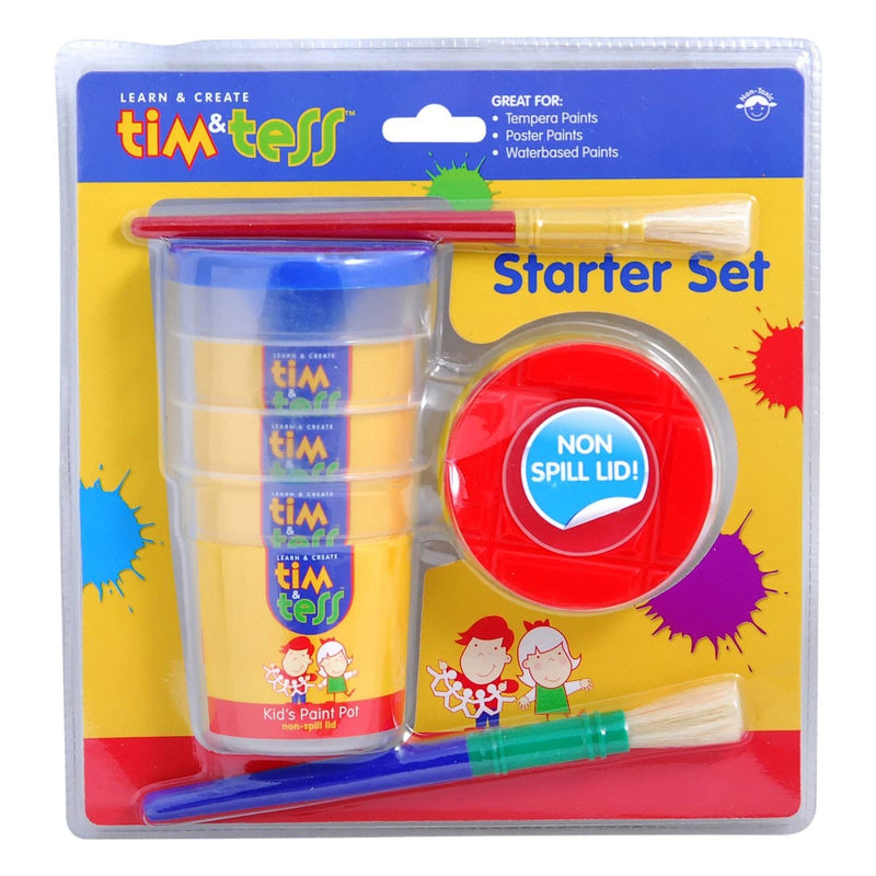 Red Tim & Tess Starter Set 2 Brushes & 4 Non Spill Pots Kids Painting Acccessories