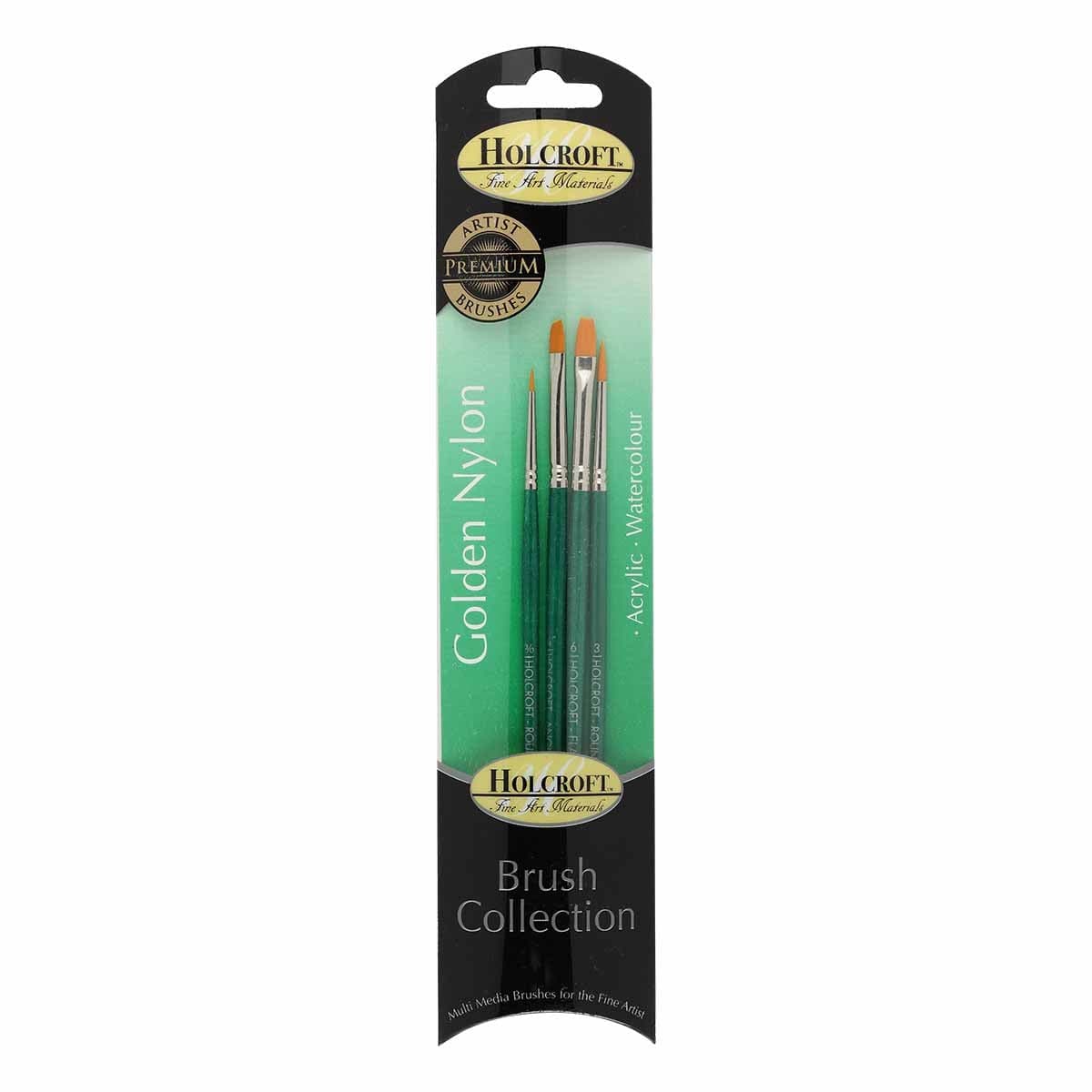 Medium Sea Green Holcroft Golden Nylon Acrylic & Watercolour 4 Piece Set Taklon and Synthetic Brushes