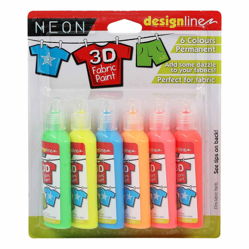 Sandy Brown Design Line 3D Fabric Paint Set Neon 6 x 37ml Fabric Paints and Dyes