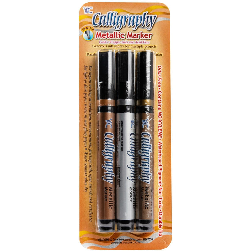 Sandy Brown Calligraphy Metallic Markers 2mm 3/Pkg-Silver, Gold & Copper Pens and Markers