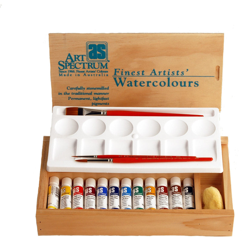 Snow Art Spectrum 10Ml Watercolour Paint Wooden Box Set Of 12 Tubes, Brushes & Sea Sponge Watercolour Paints