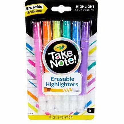 Black Crayola Take Note! 6 ct Erasable Highlighters Multi-Colours Kids Markers