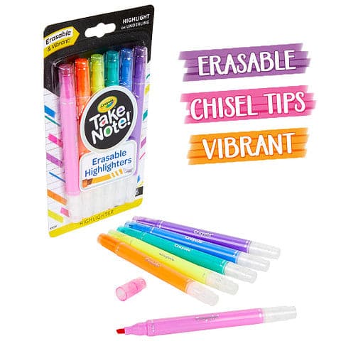 Dark Orange Crayola Take Note! 6 ct Erasable Highlighters Multi-Colours Kids Markers