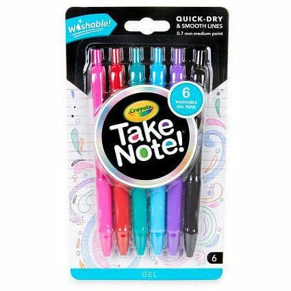 Black Crayola Take Note! 6 ct Washable Writing Gel Pens Assorted Colours Kids Markers