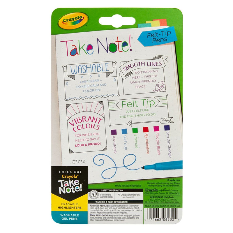 White Smoke Crayola Take Note! 6 Washable Fine Point Felt Tip Pens Kids Markers