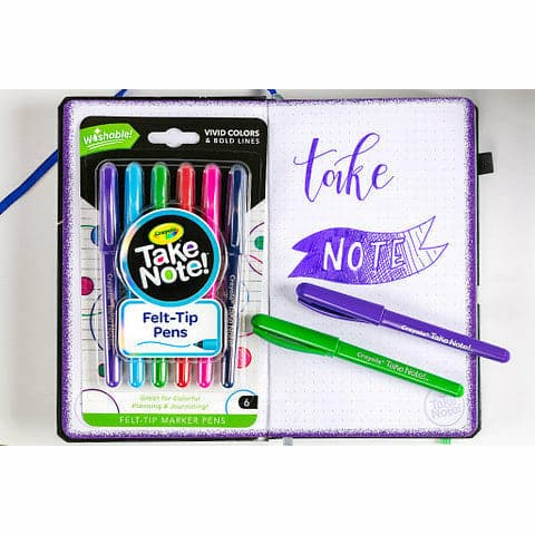 Blue Violet Crayola Take Note! 6 Washable Fine Point Felt Tip Pens Kids Markers