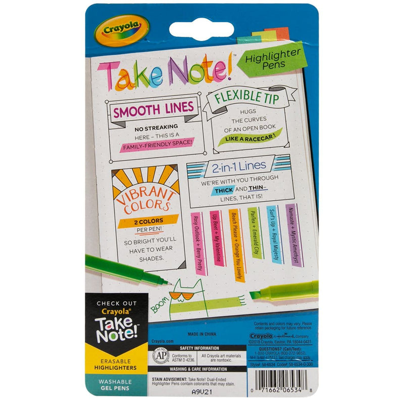 Dodger Blue Crayola Take Note! 6 Dual-Ended Highlighter Pens Kids Markers