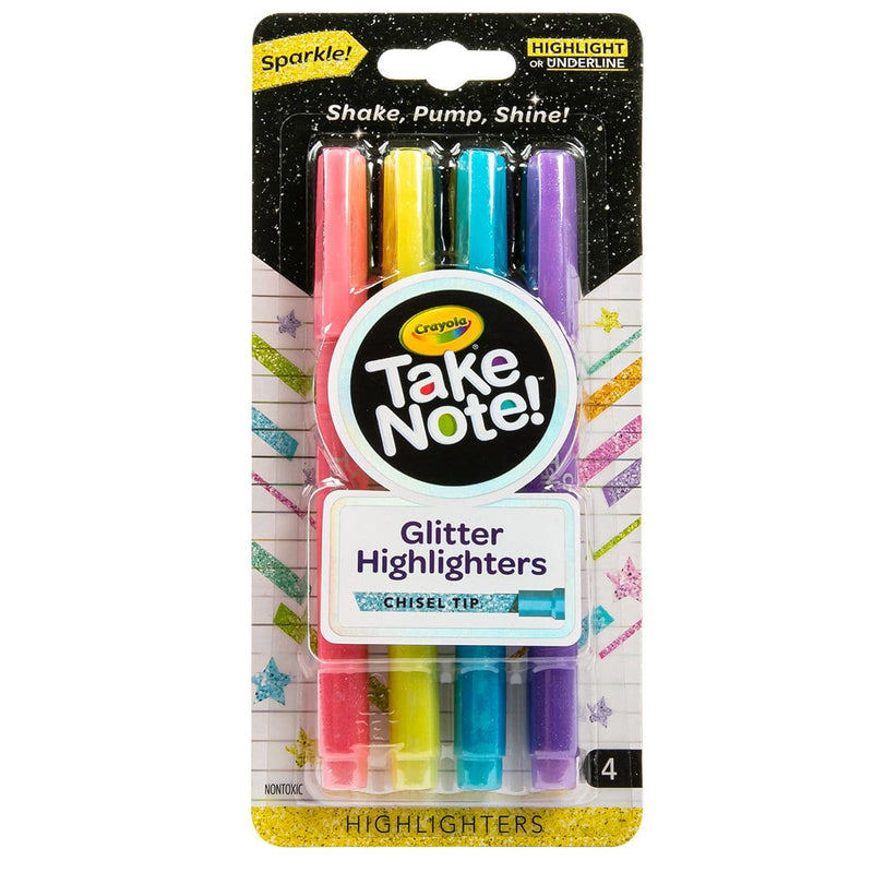 Yellow Green Crayola Take Note! 4 Glitter Highlighter Chisel Tip Pastels Kids Markers