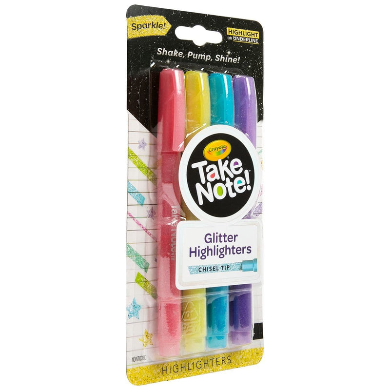 Black Crayola Take Note! 4 Glitter Highlighter Chisel Tip Pastels Kids Markers
