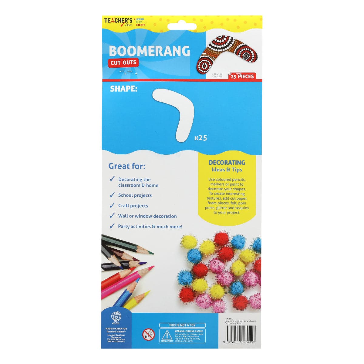 Dodger Blue Teacher's Choice Boomerang Cut Outs 25 Pieces - White Educational / Learning