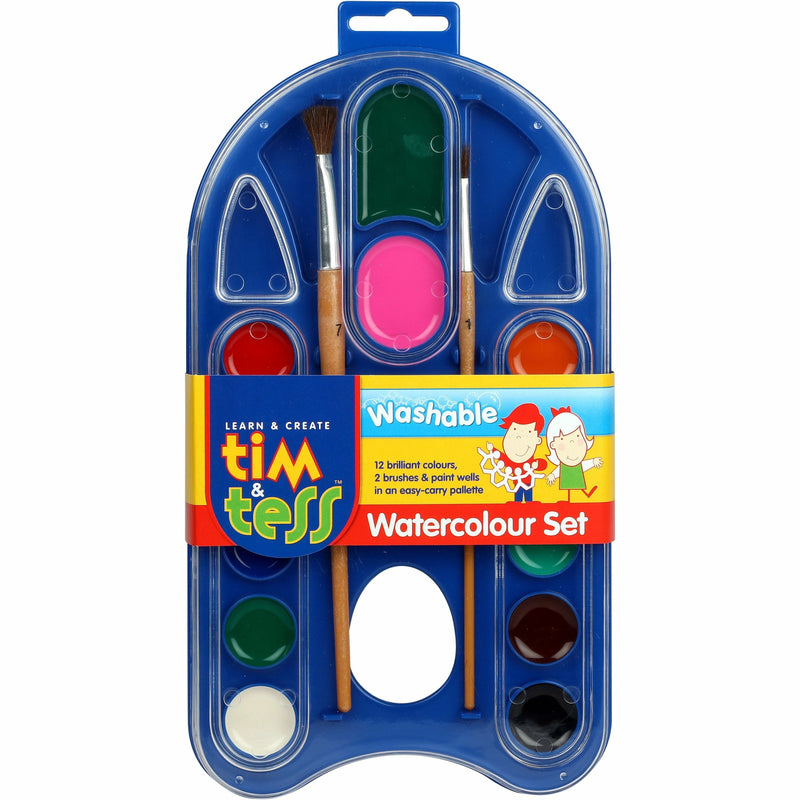 Hot Pink Tim & Tess Washable Watercolour Palette 12 Assorted Colours Kids Painting Acccessories