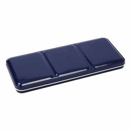 Navy watercolor pan tin palette with three hinged cover sections