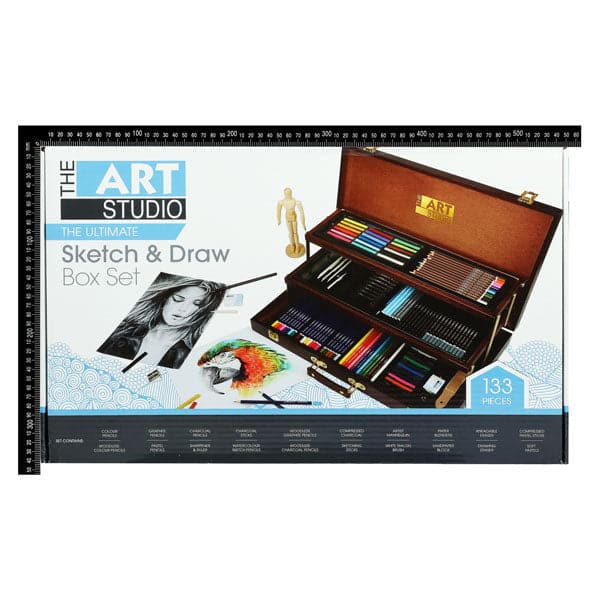 Saddle Brown The Art Studio Sketch & Draw Set in Wooden Case (133 Pieces) Drawing and Sketching Sets
