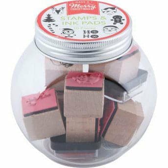 Rosy Brown Make A Merry Christmas Wooden Stamp and Ink Pad Jar 10 Pieces Christmas
