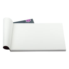 A3 mixed media pad, open view with blank white sheets and dark backing